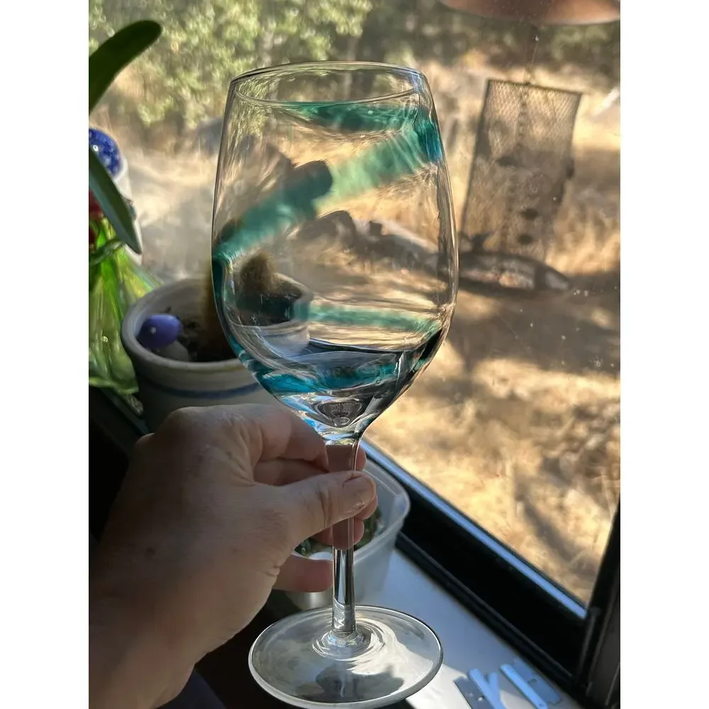 2 Pier 1 Russell & Company teal blue swirl wine glasses